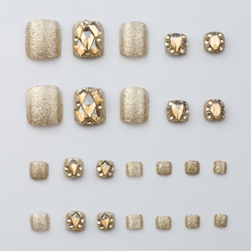 New 2022 Summer Gold Full Diamond Feet Nails Press On Fake Glitter Toe Nail Stickers Full Cover Toe Nail Tips False Foot Nails