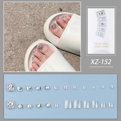 New 2022 Summer Gold Full Diamond Feet Nails Press On Fake Glitter Toe Nail Stickers Full Cover Toe Nail Tips False Foot Nails