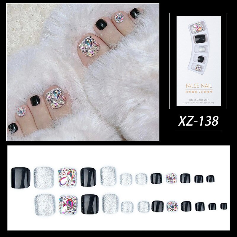 New 2022 Summer Gold Full Diamond Feet Nails Press On Fake Glitter Toe Nail Stickers Full Cover Toe Nail Tips False Foot Nails