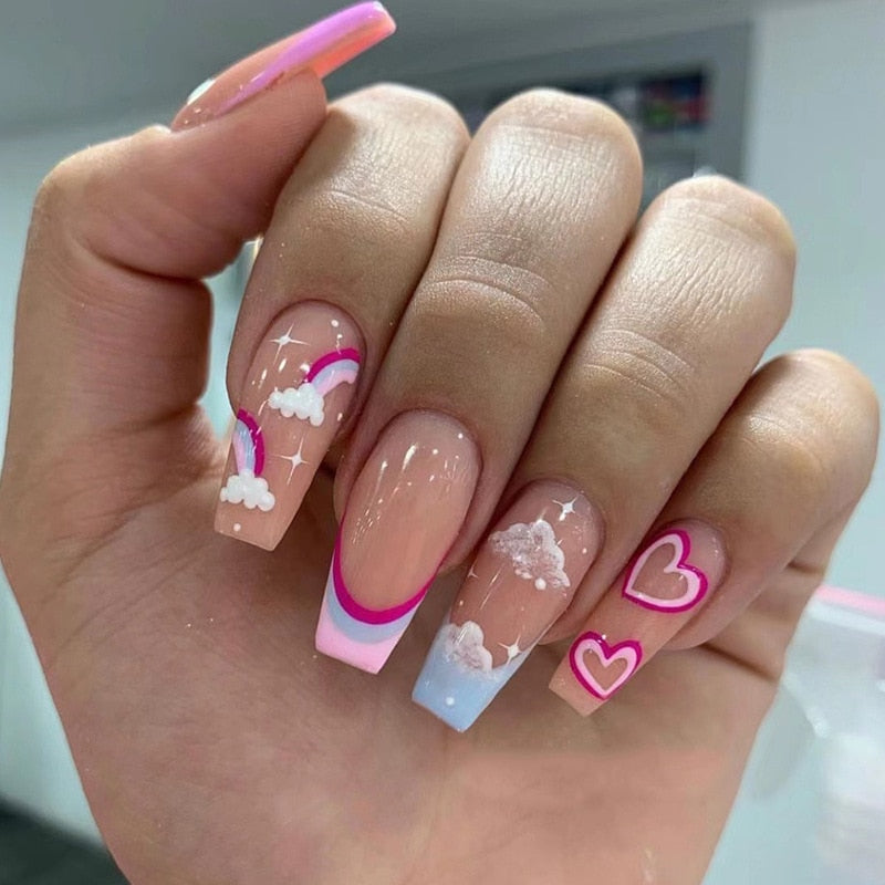 Pink Doodle French Wearable Nail Art Cartoon Style Design Fake Nails Detachable Finished False Nails Press on Nails with Glue