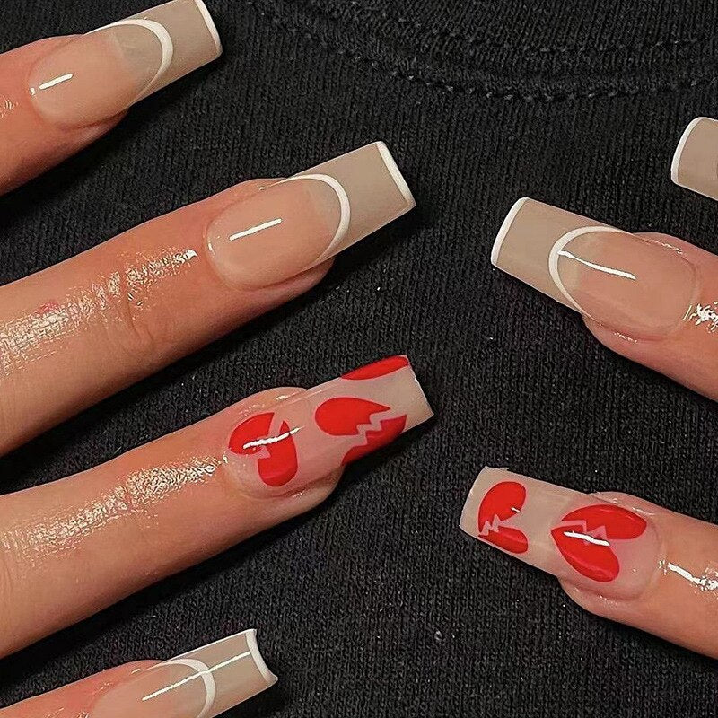 Pink Doodle French Wearable Nail Art Cartoon Style Design Fake Nails Detachable Finished False Nails Press on Nails with Glue