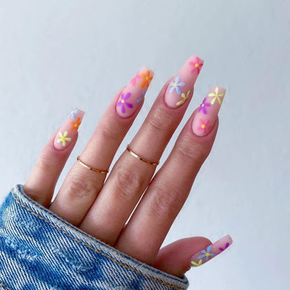 Pink False Nails With Small Flower Design Detachable Long Coffin French Ballerina Fake Nails Full Cover Nail Tips Press On Nails