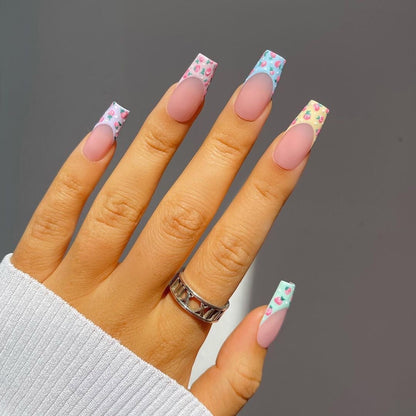 Pink False Nails With Small Flower Design Detachable Long Coffin French Ballerina Fake Nails Full Cover Nail Tips Press On Nails