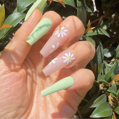 Pink False Nails With Small Flower Design Detachable Long Coffin French Ballerina Fake Nails Full Cover Nail Tips Press On Nails