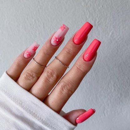 Pink False Nails With Small Flower Design Detachable Long Coffin French Ballerina Fake Nails Full Cover Nail Tips Press On Nails