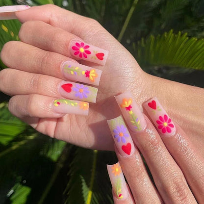 Pink False Nails With Small Flower Design Detachable Long Coffin French Ballerina Fake Nails Full Cover Nail Tips Press On Nails
