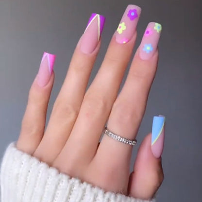 Pink False Nails With Small Flower Design Detachable Long Coffin French Ballerina Fake Nails Full Cover Nail Tips Press On Nails