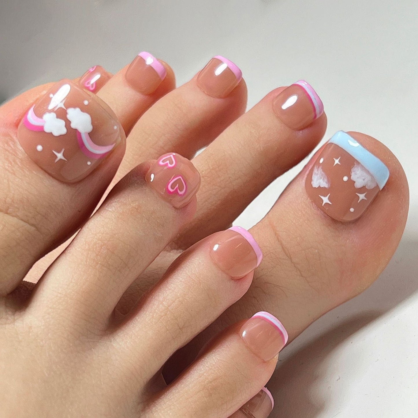 Toe Nails Set French Press on Foot Tips Fake Nail Tips with Designs Summer Reusable Artificial False Stick-on Nails Art 24pcs