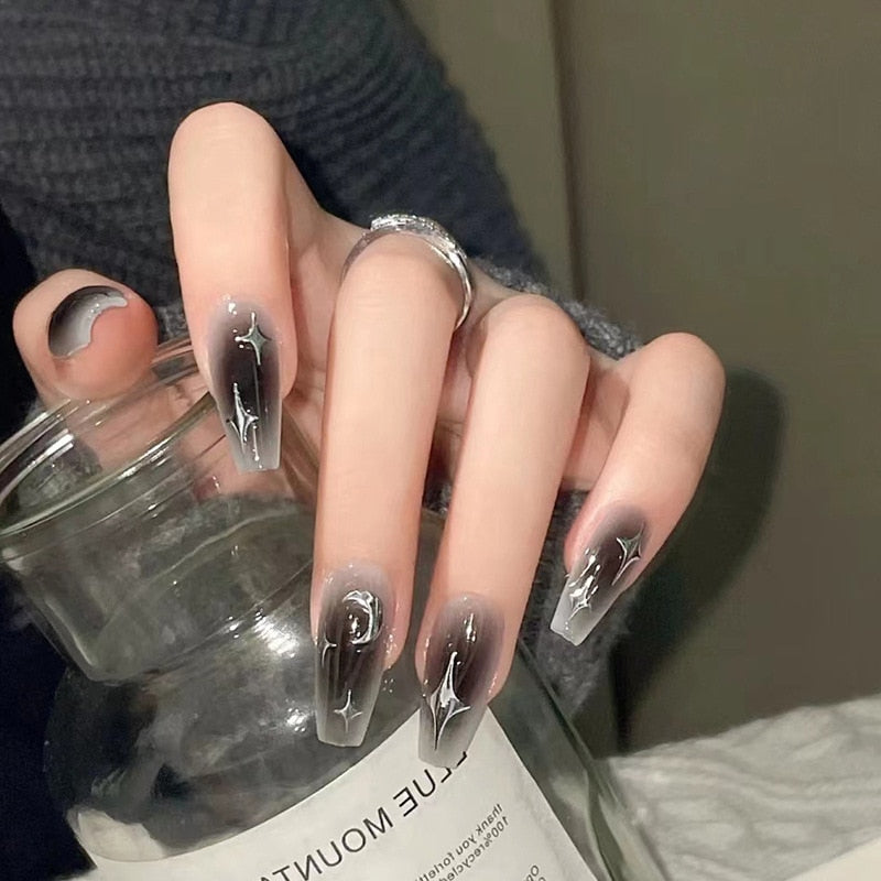 Y2k Fake Black Nail Long Ballet Reusable Adhesive Acrylic Press on set Nails Dark Acrylic Artificial False Nails Arts Tips 24pcs