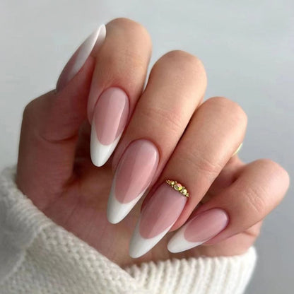 24Pcs Detachable Almond French Full Cover False Nails Silver Butterfly Lines Stiletto Fake Nials Press On Nails DIY Manicure