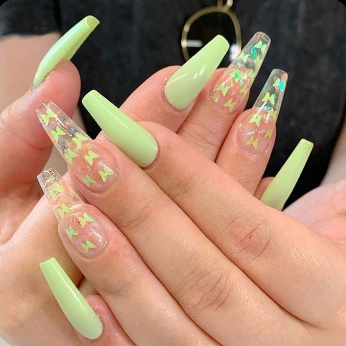 Glossy Pink Wearable Nail Art Blue Rhinestone Extra Long Ballet Detachable Finished False Nails Press on Nails with Glue