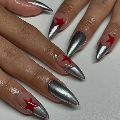 Sweet Cool Silver Stars Rhinestone Wearable Almond Shape Fake Nails Y2K Finished False Nails Press on Nails with Glue Wholesale