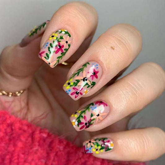 Summer New Square False Nails French Fake Nails With Flower Pattern Designs False Nails Full Cover Detachable Press on Nail Tips