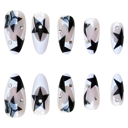 Short Almond Y2k Nails Press On Nail With Black Pentacle Star Designs 24pcs White French False Nails Rhinestone Fake Nail Tips