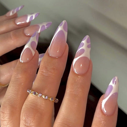 Short Almond Y2k Nails Press On Nail With Black Pentacle Star Designs 24pcs White French False Nails Rhinestone Fake Nail Tips