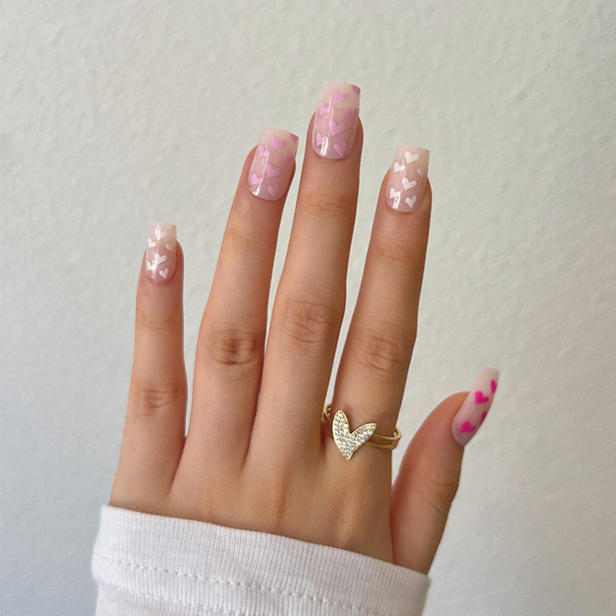 Purple Love Heart Leopard Print Wearable Nail Art Glossy Pink Fake Nails Finished False Nails Short Press on Nails with Glue