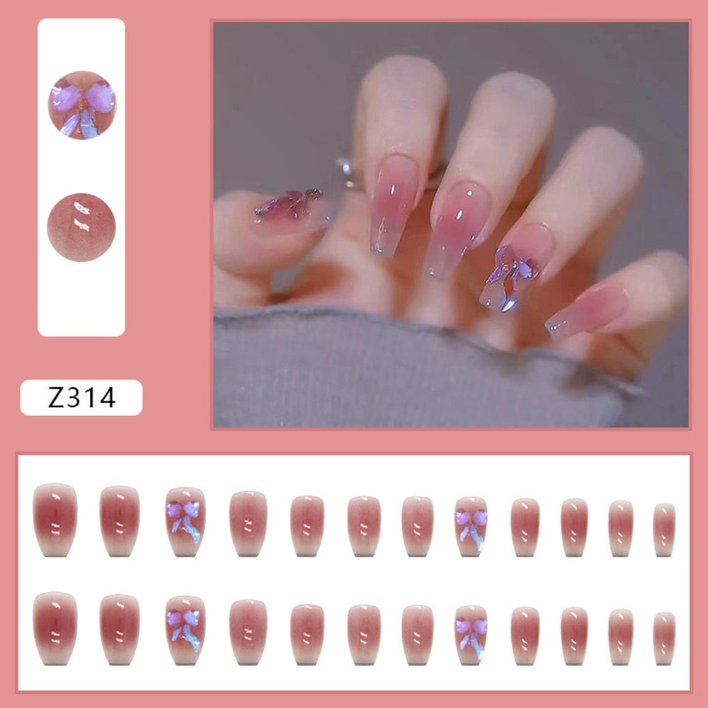24pcs False Nails Floral Beads Decorated Artificial Nail Tips Bride Reusable Fingernails Fake Nail Press On Nail накладные ногти