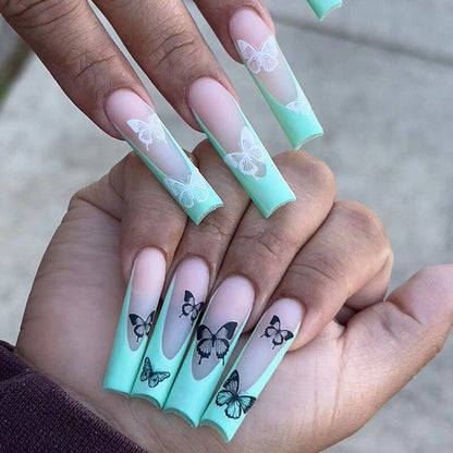 Sea Wave Carp Japanese Style Doodle False Nails Detachable Nude Pink Long Coffin Fake Nails with Glue Full Cover Press on Nails