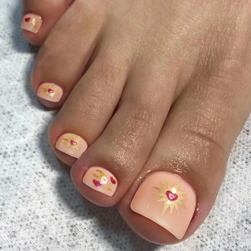 Toe Nails Set French Press on Foot Tips Fake Nail Tips with Designs Summer Reusable Artificial False Stick-on Nails Art 24pcs