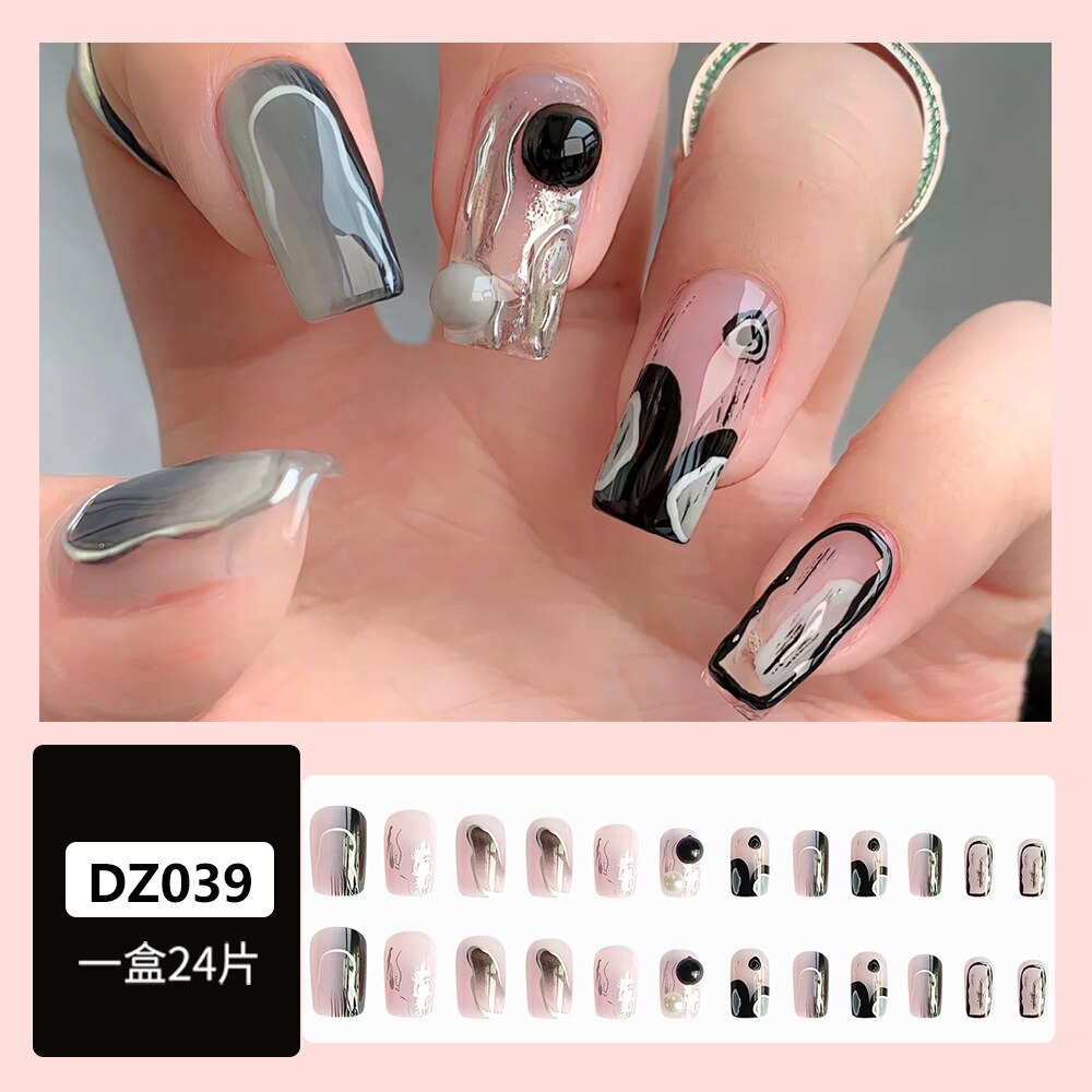 Purple Love Heart Leopard Print Wearable Nail Art Glossy Pink Fake Nails Finished False Nails Short Press on Nails with Glue