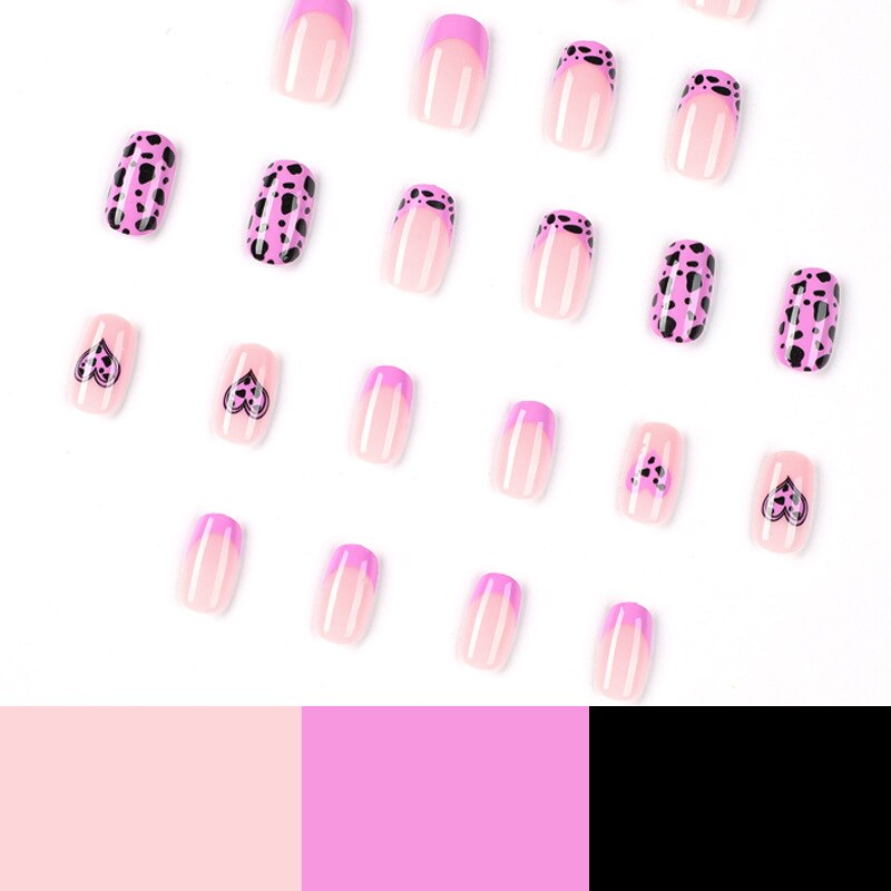 Purple Love Heart Leopard Print Wearable Nail Art Glossy Pink Fake Nails Finished False Nails Short Press on Nails with Glue