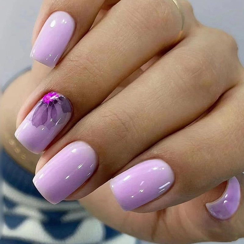 Summer New Square False Nails French Fake Nails With Flower Pattern Designs False Nails Full Cover Detachable Press on Nail Tips