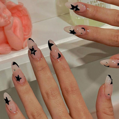 Short Almond Y2k Nails Press On Nail With Black Pentacle Star Designs 24pcs White French False Nails Rhinestone Fake Nail Tips
