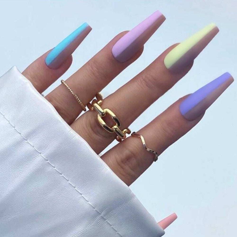 Sea Wave Carp Japanese Style Doodle False Nails Detachable Nude Pink Long Coffin Fake Nails with Glue Full Cover Press on Nails