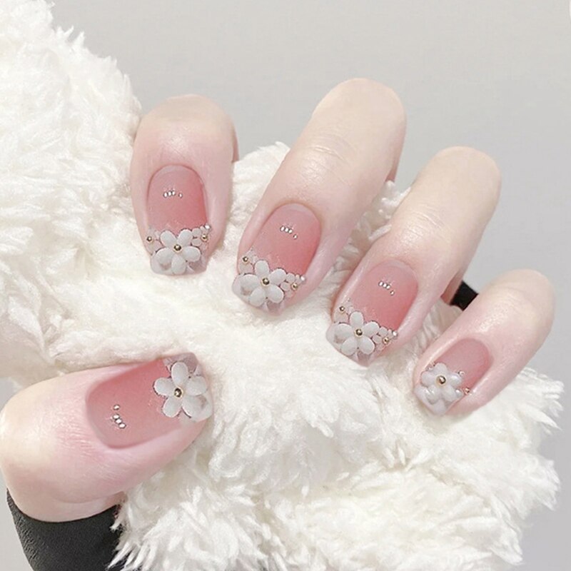 24pcs False Nails Floral Beads Decorated Artificial Nail Tips Bride Reusable Fingernails Fake Nail Press On Nail накладные ногти