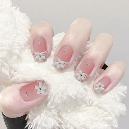 24pcs False Nails Floral Beads Decorated Artificial Nail Tips Bride Reusable Fingernails Fake Nail Press On Nail накладные ногти
