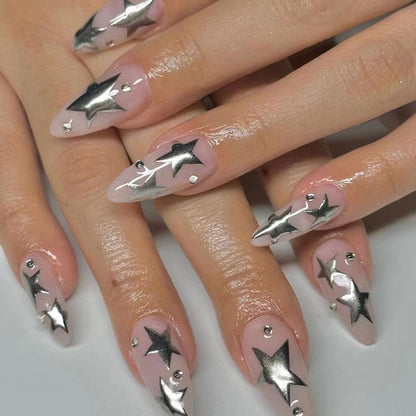 Sweet Cool Silver Stars Rhinestone Wearable Almond Shape Fake Nails Y2K Finished False Nails Press on Nails with Glue Wholesale