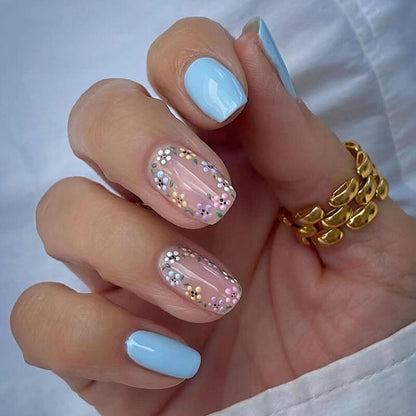 Summer New Square False Nails French Fake Nails With Flower Pattern Designs False Nails Full Cover Detachable Press on Nail Tips