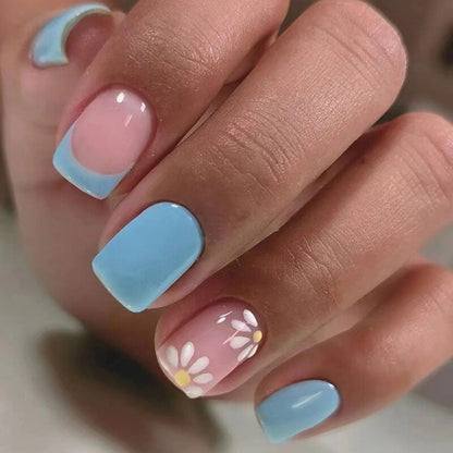 Summer New Square False Nails French Fake Nails With Flower Pattern Designs False Nails Full Cover Detachable Press on Nail Tips