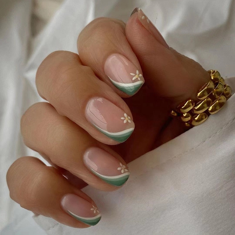 Summer New Square False Nails French Fake Nails With Flower Pattern Designs False Nails Full Cover Detachable Press on Nail Tips
