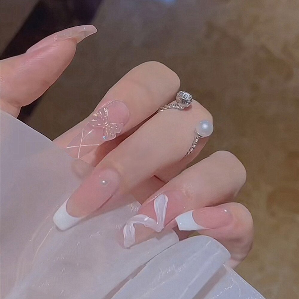 24pcs False Nails Floral Beads Decorated Artificial Nail Tips Bride Reusable Fingernails Fake Nail Press On Nail накладные ногти