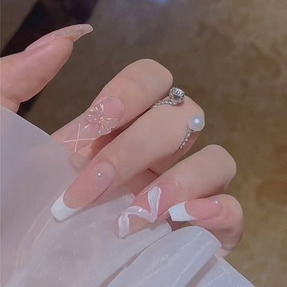 24pcs False Nails Floral Beads Decorated Artificial Nail Tips Bride Reusable Fingernails Fake Nail Press On Nail накладные ногти