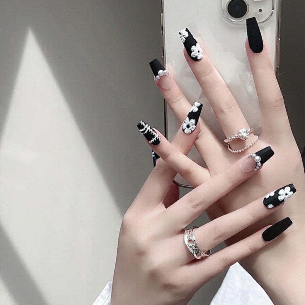 24pcs False Nails Floral Beads Decorated Artificial Nail Tips Bride Reusable Fingernails Fake Nail Press On Nail накладные ногти
